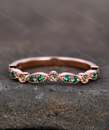 Art deco Emerald Peridot wedding band silver rose gold wedding rings for women unique curved stacking band May birthstone ring promise gift