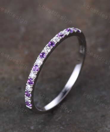 Delicate Amethyst Wedding Band Silver Amethyst Moissanite Band Minimalist Stackable Ring Half Eternity Wedding Band Promise Anniversary Ring
