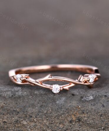 Twig moissanite wedding band rose gold art deco wedding ring for women three stone stacking band unique branch ring anniversary gift