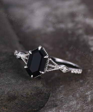 Elongated Hexagon cut Black Onyx Ring Silver Ring Art Deco Milgrain Moissanite Wedding Ring Black stone ring Antique Bridal Promise Ring