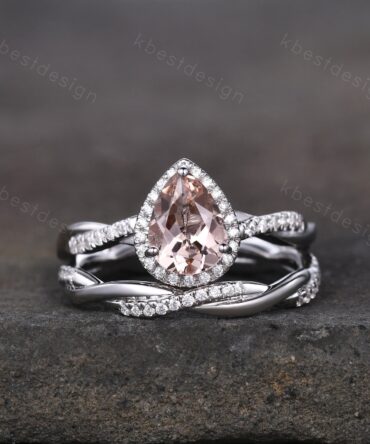 Vintage Morganite Engagement Ring Set White Gold Teardrop Peach Morganite Ring Unique Twisted Moissanite Wedding Band Bridal Promise Ring