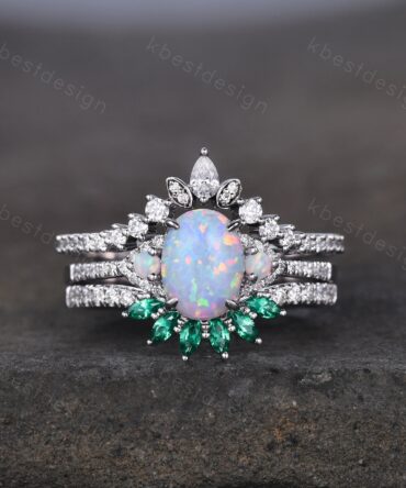 Vintage Opal Engagement Ring Set Unique Double Curved Emerald Wedding Band Silver Rings Unique Oval cut Ring Bridal Promise Ring Set