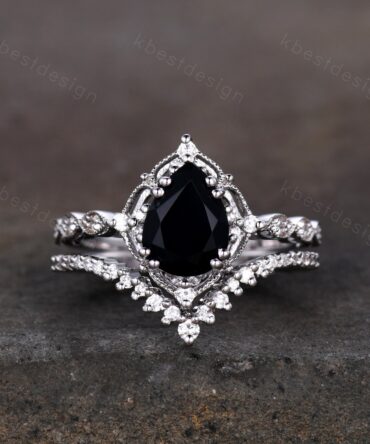 Vintage black onyx engagement ring sterling silver ring art deco curved stacking band pear shaped bridal set unique moissanite wedding set