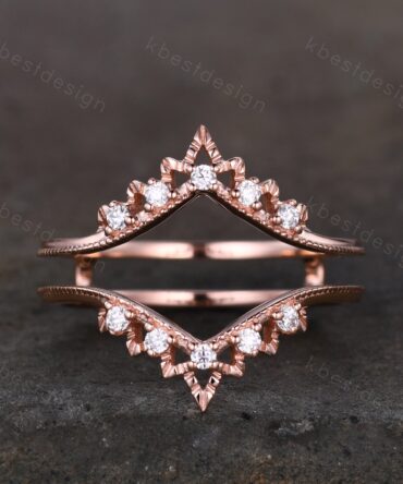 Art deco Moissanite double curved wedding band rose gold enhancer band unique stacking matching band Antique bridal anniversary ring