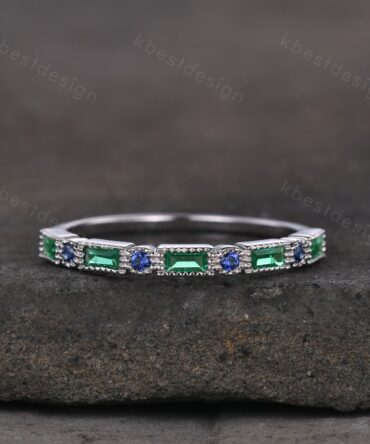 Art Deco Emerald sapphire wedding band silver baguette band women wedding ring May birthstone ring vintage stacking Anniversary gift