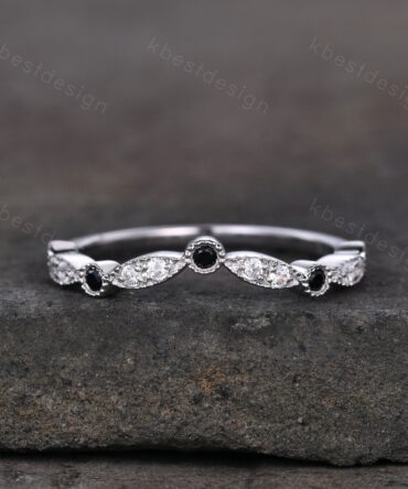 Curved moissanite wedding band sterling silver black spinel wedding ring art deco stacking matching band women anniversary gift