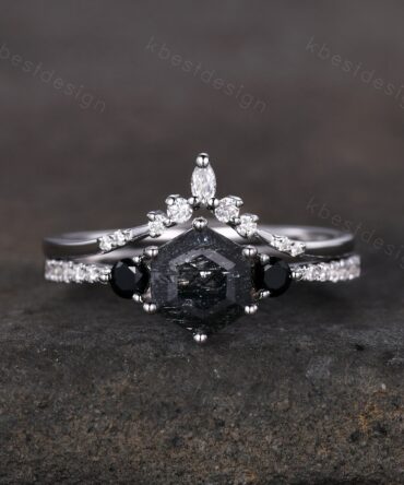Natural black rutilated quartz engagement ring white gold hexagon cut ring unique curved moissanite stacking band bridal wedding promise set