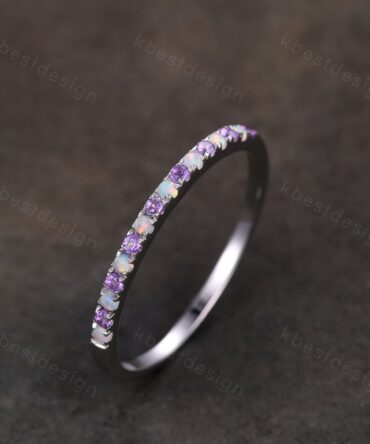 Half Eternity Opal Amethyst Wedding Band Dainty Silver Opal Wedding Ring Amethyst Ring Minimalist Stacking Matching Band Anniversary Gift