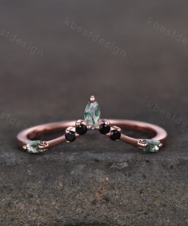 Curved Marquise cut Moss Agate Wedding Band Unique Rose Gold Wedding Band Black Spinel Ring Minimalist Bridal Matching Stackable band