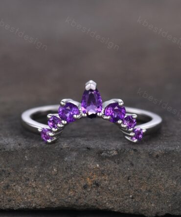 Curved Amethyst Wedding Band, Purple Amethyst Stacking Ring, February Birthstone Ring, Art Deco Matching Band, Anniversary gift for women