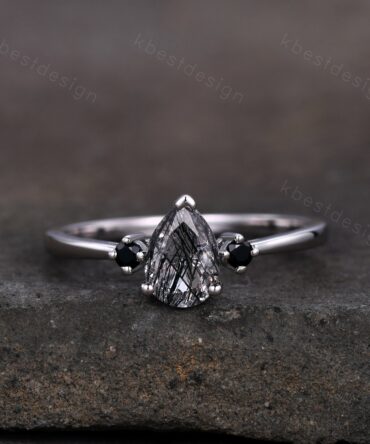 Pear Shaped Black Quartz Rutilated Engagement Ring Dainty Silver Ring Black Gemstone Ring Antique Bridal Ring Anniversary Gift Handmade Ring
