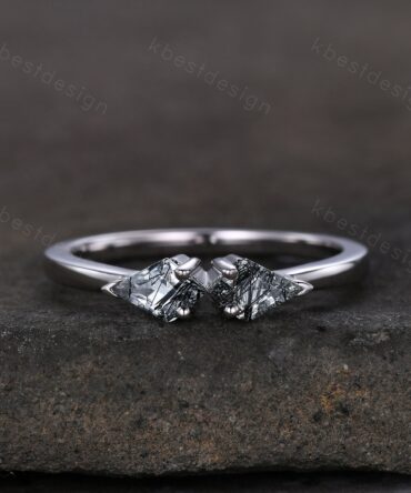 Kite cut natural black rutilated quartz ring unique black stone ring Two stone ring silver art deco stacking ring women anniversary band