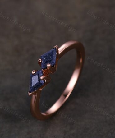 Kite cut blue sandstone wedding band solid 14k rose gold stacking unique vintage wedding ring band for women anniversary ring gift
