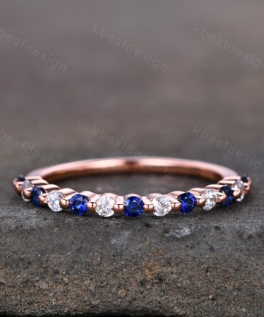 Half eternity Sapphire Moissanite Wedding Band Rose Gold Sapphire Band Unique Moissanite Stacking Band Minimalist Bridal Anniversary Ring
