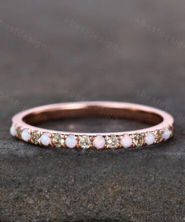 Half Eternity Peridot Opal Wedding Band, Rose Gold Wedding Ring, Opal Wedding Band, Dainty Stacking Matching Band, Anniversary Ring Gift