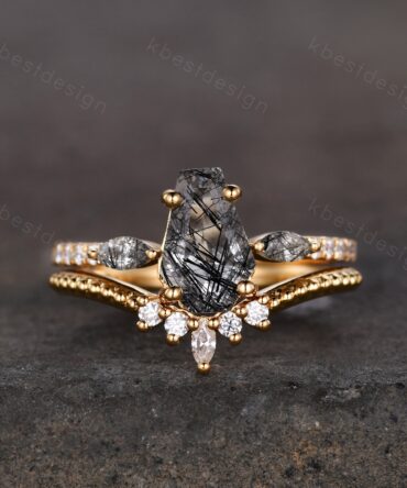 Coffin shaped black rutilated quartz engagement ring set solid yellow gold ring curved Moissanite stacking band vintage bridal wedding set