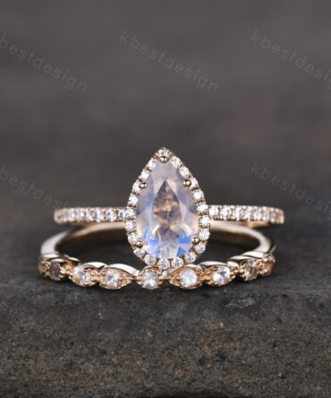 Pear shaped Moonstone engagement ring set Solid 14k Yellow gold ring Art deco half eternity moonstone band unique women wedding ring set