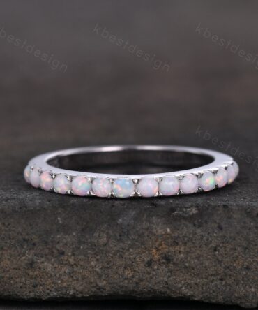 Opal Ring, Half Eternity Opal Wedding Band, Opal Stacking Matching Band, October Birthstone Ring, Anniversary Ring, White Gold Ring