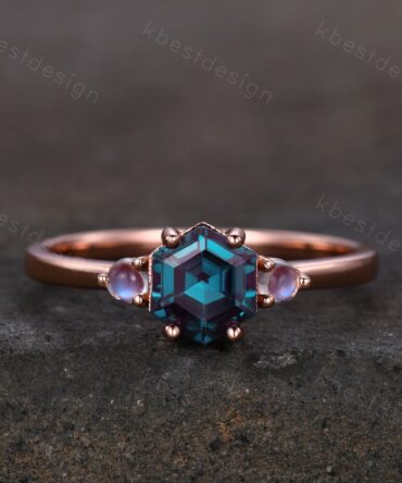 Vintage Alexandrite engagement ring hexagon cut ring rose gold moonstone wedding ring three stone engagement ring bridal promise ring