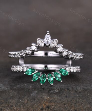 Double curved Emerald/Moissanite wedding band vintage White gold marquise emerald cluster band Half eternity stacking band Promise gift