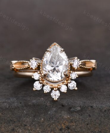 Pear shaped Moissaite engagement ring set unique Curved moissanite stacking band 14K solid gold rings art deco wedding Bridal ring set