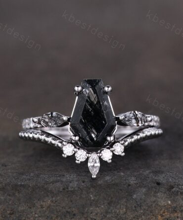 Coffin shaped black rutilated quartz engagement ring set unique art deco Moissanite wedding ring silver ring vintage bridal wedding ring set