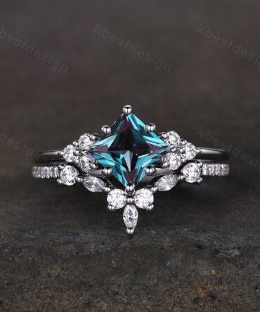 Vintage Alexandrite engagement ring set princess cut ring art deco moissanite cluster ring unique bridal wedding ring set anniversary gift