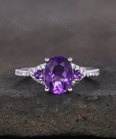 Natural Amethyst Ring, Oval Amethyst Engagement Ring, February Birthstone, Purple Gemstone Ring, Anniversary Birthday Gift For Her, Platinum