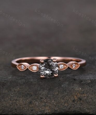 Dainty black rutilated quartz engagement ring women rose gold rings art deco milgrain moissanite wedding ring minimalist black stone ring
