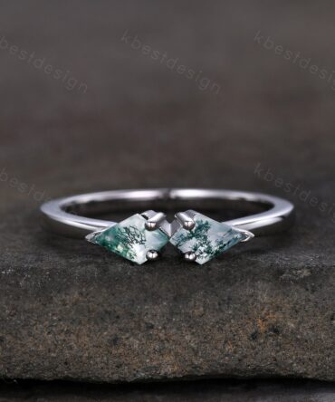 Unique kite cut green moss agate wedding ring art deco silver moss agate ring two stone stacking band bridal wedding ring Platinum ring