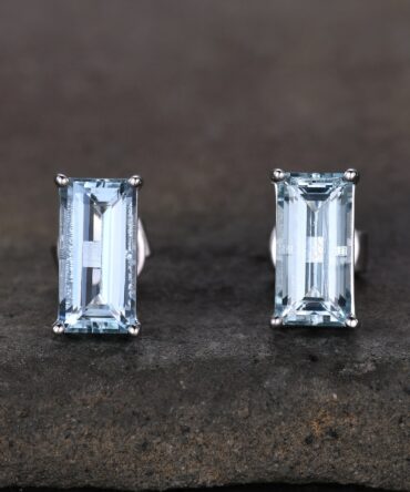 Baguette Aquamarine Stud 14k Gold Baguette Aquamarine Solitaire Earrings Basket Set Stud Earrings 8X5mm Rectangle Aquamarine Earrings