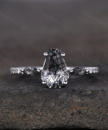 Vintage coffin cut black rutilated quartz engagement ring Marquise cut ring sterling silver unique ring Moissanite accents Anniversary ring