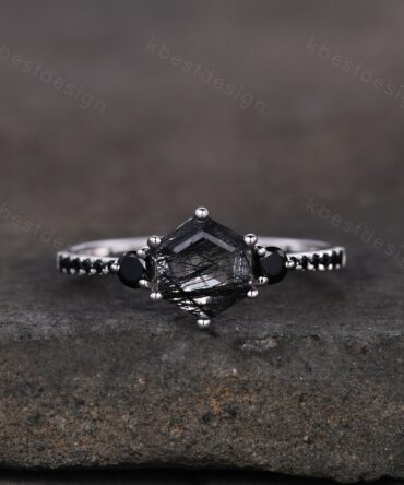 Hexagon cut black rutilated quartz engagement ring unique black spinel ring women black gemstone ring sterling silver three stone ring