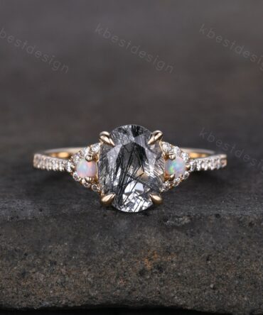 Oval cut black rutilated quartz engagement ring solid 14k yellow gold opal ring unique art deco moissanite bridal wedding ring Promise ring