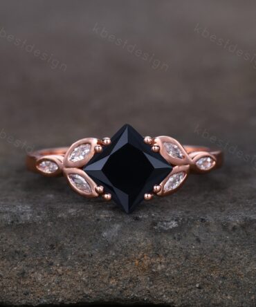 Princess cut black onyx engagement ring unique rose gold ring marquise cut moissanite wedding ring women anniversary promise gift