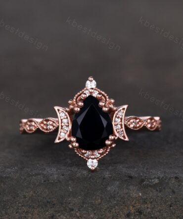 Pear shaped black onyx engagement ring unique moon style ring vintage art deco moissanite wedding ring Antique bridal Promise ring