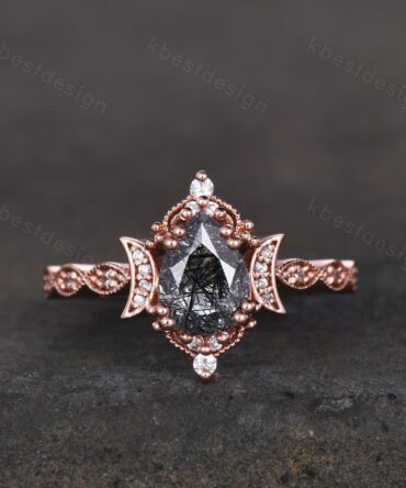 Pear shaped black rutilated quartz engagement ring unique moon style ring vintage art deco moissanite wedding ring bridal promise ring gift