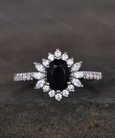 Vintage Oval cut Black onyx engagement ring art deco ring White gold Ring unique Moissanite Halo Anniversary Bridal ring Half eternity ring