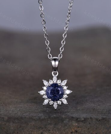 1CT Round Galaxy Blue Sandstone Necklace Vintage Art Deco Necklace for Women Unique Marquise cut Moissanite Halo Pendant Anniversary Gift