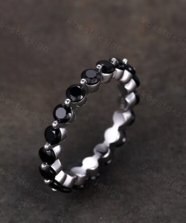3MM Round Cut Black Spinel Wedding Band Unique Black Stone Engagement Band Eternity Stacking Band Ring Bubble Prong set Bridal Promise gift