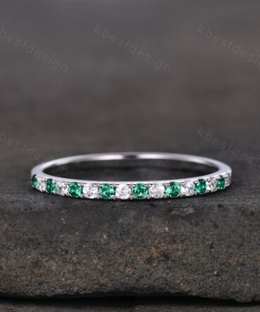 Half Eternity Emerald Wedding Band 1.5mm Emerald Moissanite Wedding Band May Birthstone Ring Pave Stacking Band Anniversary Gift for Her