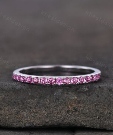 1.5mm Pink Tourmaline Wedding Band Half Eternity Stacking Band Minimalist Ring Silver Rings for Women Pave Matching Band Anniversary Ring