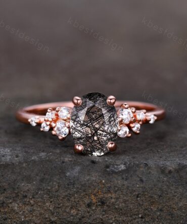 Vintage black rutilated quartz engagement ring unique cluster moissnaite ring women rose gold ring oval cut black stone bridal Promise ring