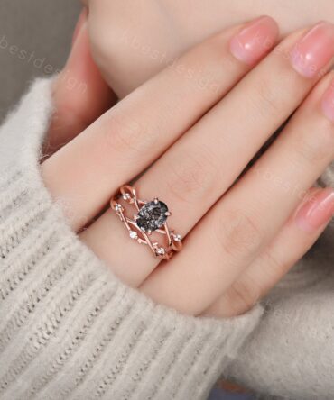 Vintage black rutilated quartz engagement ring 14k rose gold oval cut ring art deco twig leaf stacking band unique bridal wedding ring set