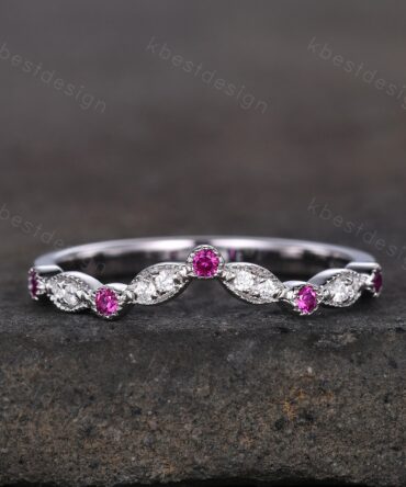 Moissanite Wedding Band Curved Ruby Stacking Band Sterling Silver Rings for Women Unique Matching Band Anniversary ring promise gift