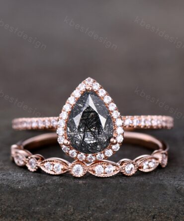 Black rutilated quartz engagement ring set rose gold black stone ring vintage art deco moissanite wedding ring set anniversary promise ring