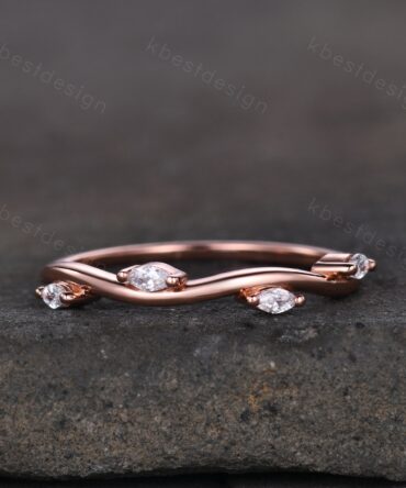 Delicate Leaf Style Moissanite Wedding Band Rose Gold Wave Wedding Ring Unique Marquise cut Moissanite Stacking Band Anniversary Ring