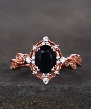 Antique black onyx engagement ring Oval cut black onyx engagement ring Unique rose gold moissanite cluster ring Bridal wedding promise ring