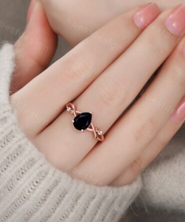 Black Onyx Engagement Ring Dainty Rose Gold Ring Black Gemstone Ring Twig Leaf Moissanite Wedding Ring Antique Bridal Ring Anniversary Gift