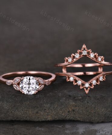 Vintage Moissanite Engagement Ring Set Rose Gold Wedding Ring Set Art Deco Double Curved Moissanite Stacking Band Unique Bridal Promise Ring